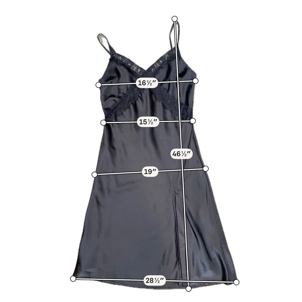 Lulus Black Satin Lace Trim Midi Slip Dress Feminine Adjustable Straps Womens M